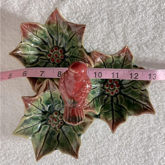 Vintage Ceramic Cardinal On  Poinsettia 3 Bowl Serving Dish - Picture 10 of 11